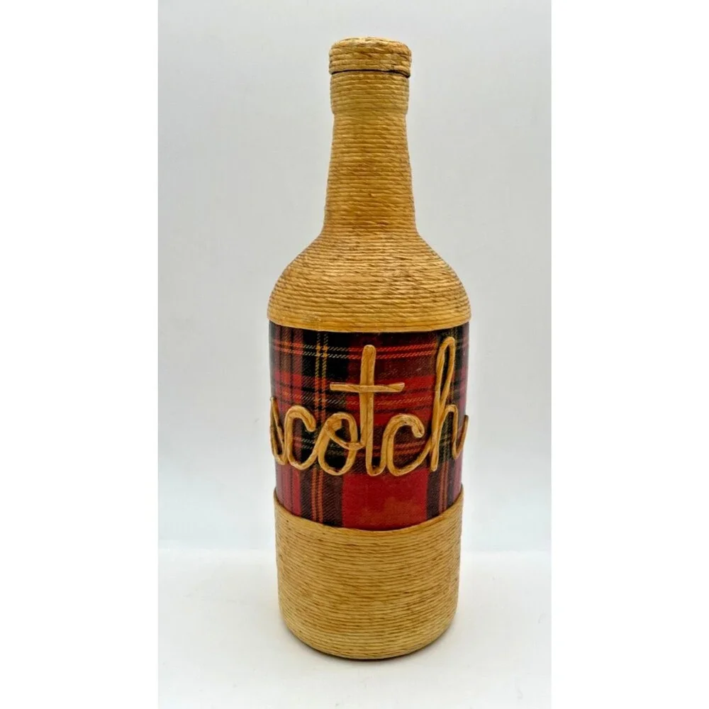 Vintage Wicker Wrapped Scotch Liquor Bottle Tartan Plaid Fine Jute Twine Rare